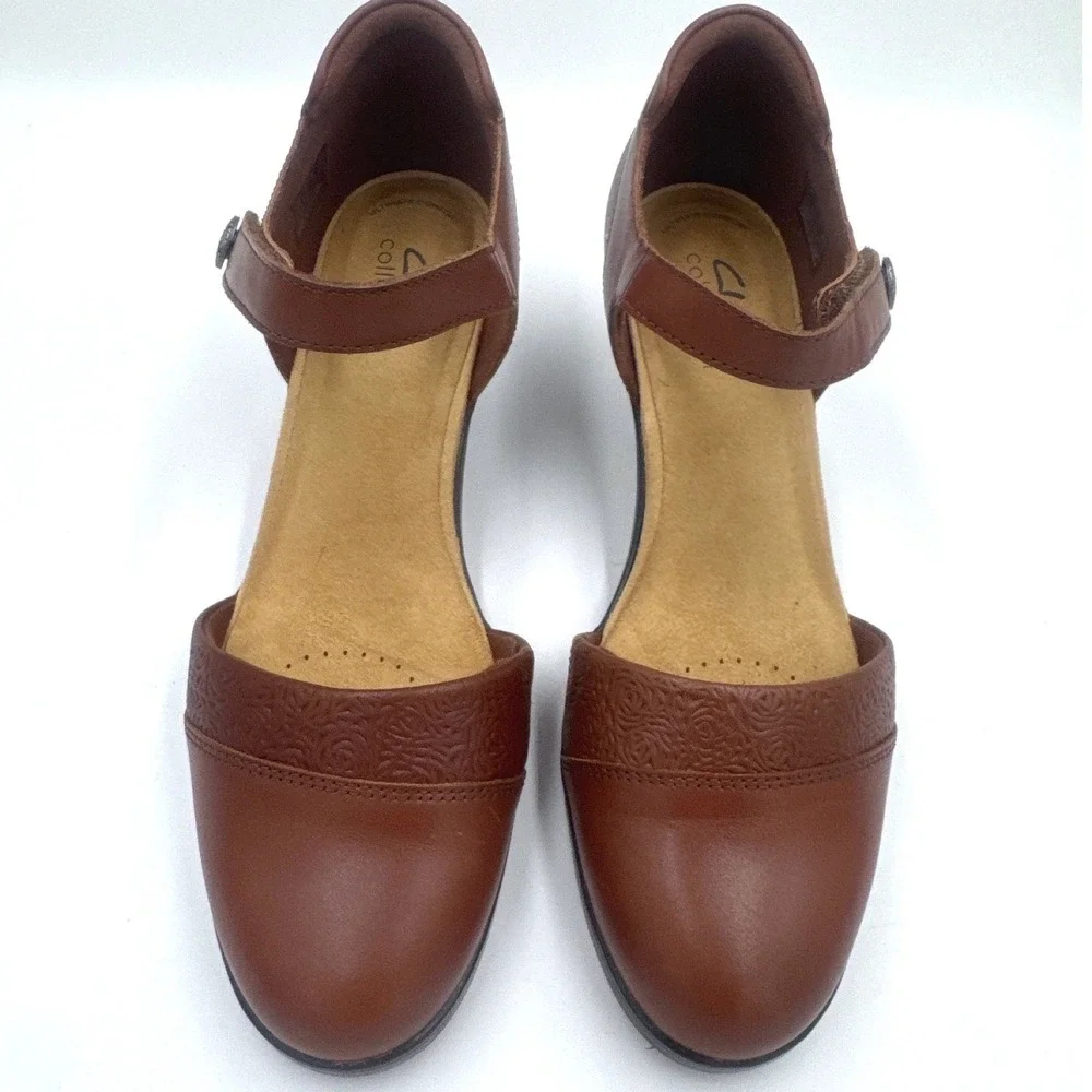 Clarks Emily2 Ketra British Tan Leather Mary Jane Block Heels 26177128 Size 9M